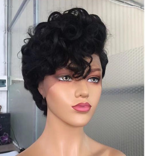 Stock Lace Front Brazilian Natural Black Natural Wave Human Hair Pixie Wig