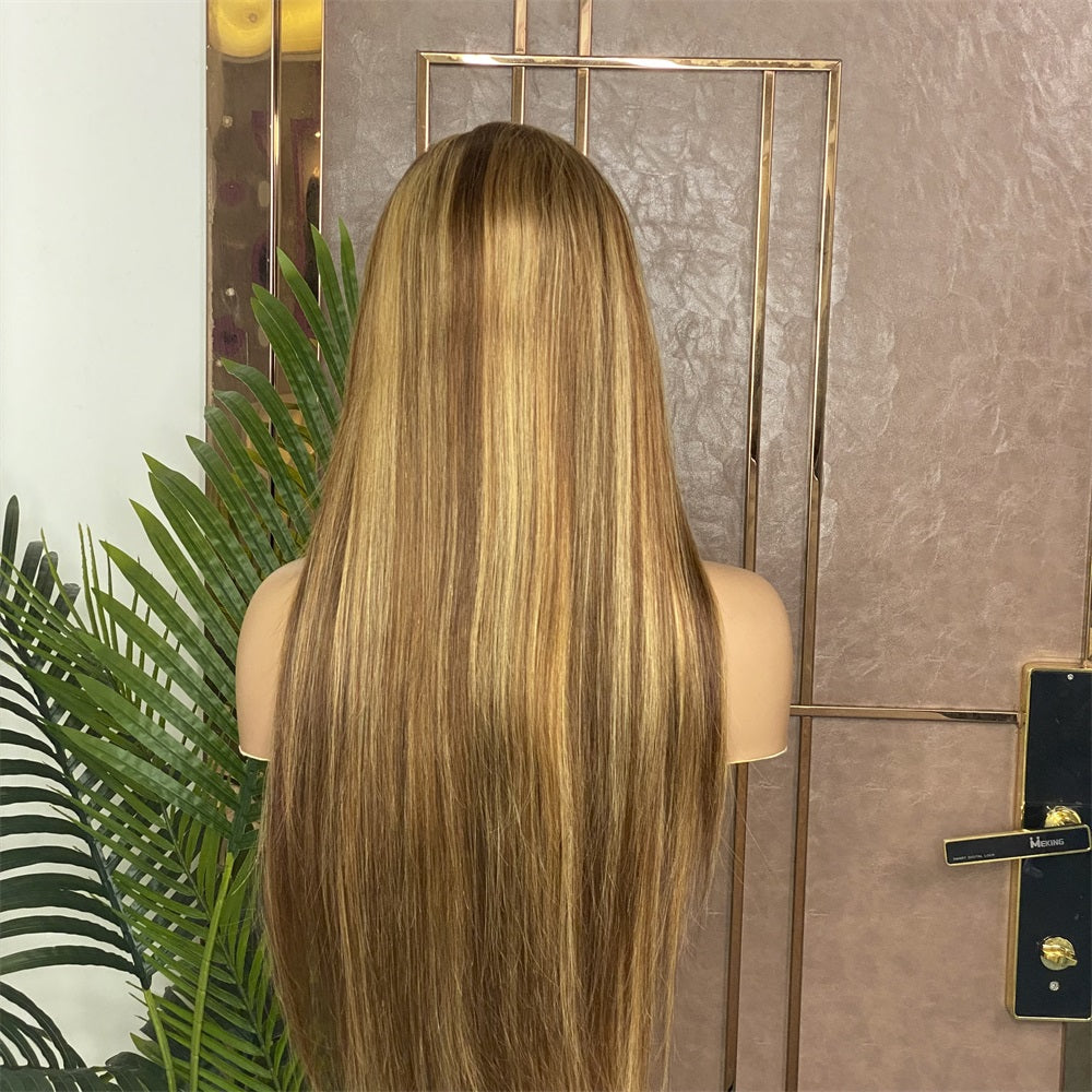 Lace Frontal Brazilian Brown with Blonde HL Straight Human Hair Wigs