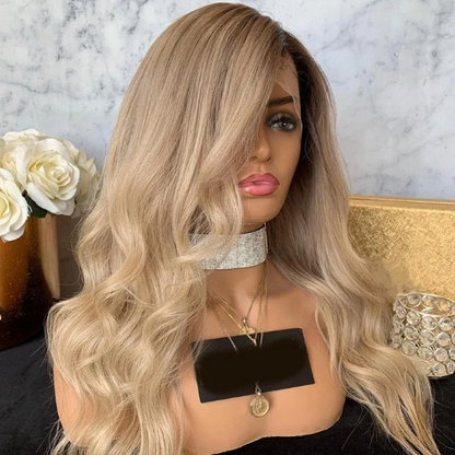 Egendefinert helblonde limløs brasiliansk brun/blond Ombre naturlig bølget menneskehårparykk 20" 150 % tetthet