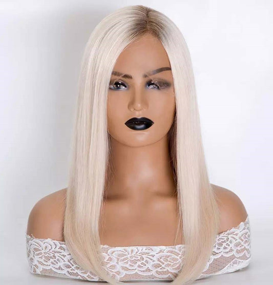 Stock Full Lace European Rooted White Blonde Straight Human Hair Mono Top Wig