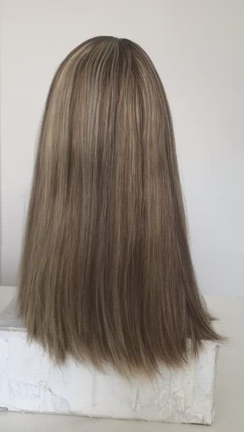 Stock European Brown with Blonde HL Straight Layer Human Hair Jewish Wig