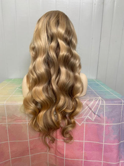 Stock 13" x 6" Lace Front Brasilianische Dunkle Wurzeln/Braun/Blond Balayage Echthaarperücke 26" 180% Dichte