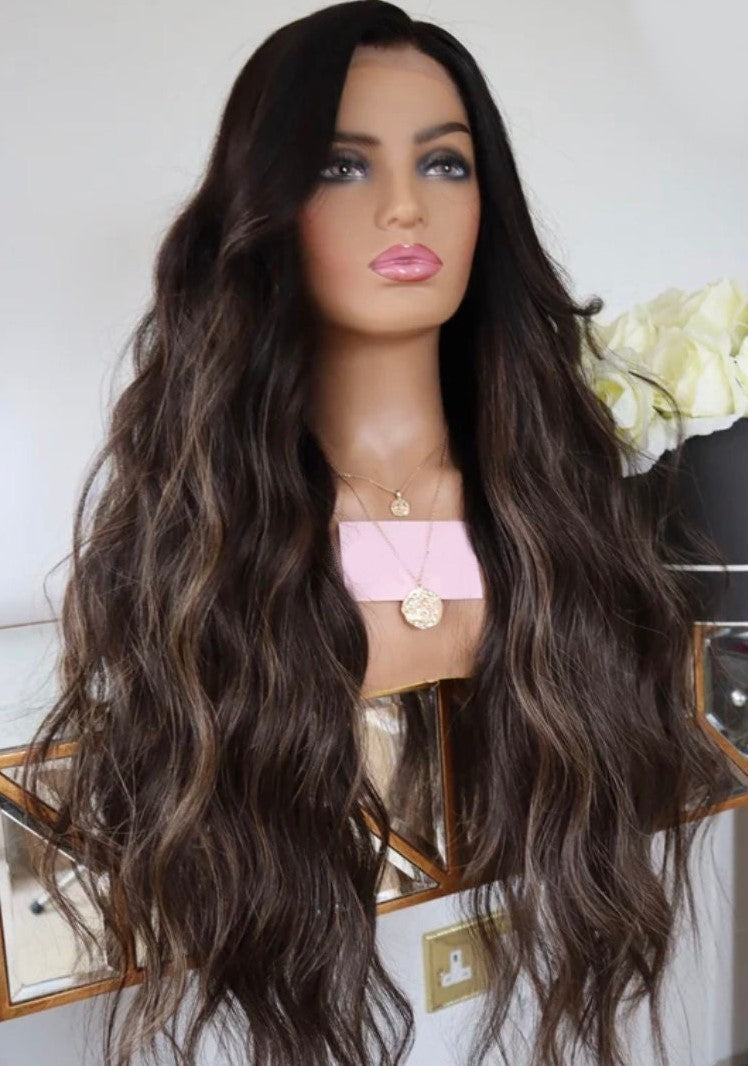 Custom Full Lace PU European Brown Ombre HL Wavy Double Drawn Human Hair Wig