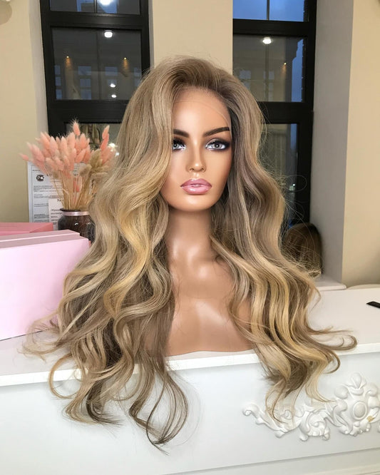 Custom Lace Front European Brown Ombre Balayage HL Body Wave Human Hair Wig