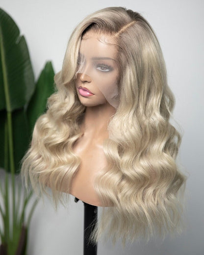 Stock Lace Front Brazilian Blonde Ombre Wavy Human Hair Wigs 18" 150% Density