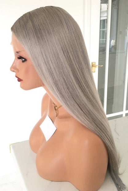 Custom Full Lace Glueless European Gray Ombre Straight/Body Wave Human Hair Wig