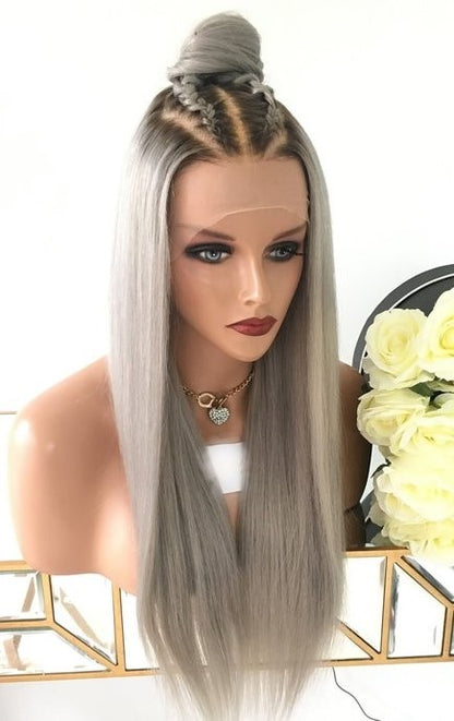 Custom Full Lace Glueless European Gray Ombre Straight/Body Wave Human Hair Wig