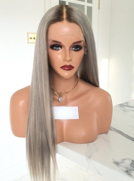 Custom Full Lace Glueless European Gray Ombre Straight/Body Wave Human Hair Wig