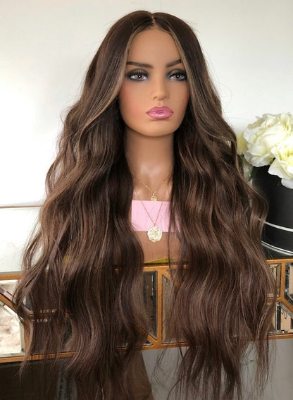 Custom Full Lace European Brown Balayage Wavy Double Drawn Human Hair Wig