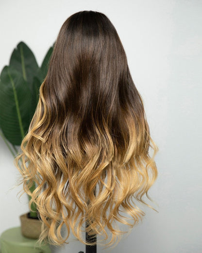 Lager 13 x 6 blonder frontal brasiliansk brun ombre med lett blond tone Bølget menneskehår Parykker 22" 150 % tetthet