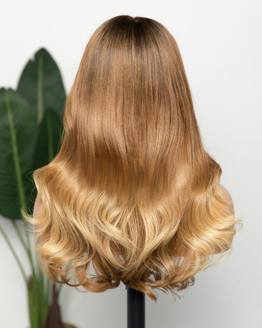 Stock 13 x 6 Lace Front Brésilien Brun Ombre/Blonde Faits Saillants Moyen Ondulés Perruques de Cheveux Humains 16" 180% Densité