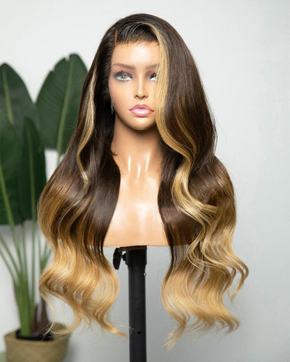 Stock Lace Frontal Brazilian Brown Ombre HL Wavy Human Hair Wigs