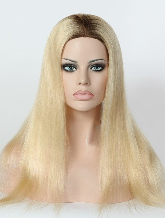 Stock Glueless European Rooted Blonde Ombre Straight Human Hair Silk Top Wigs