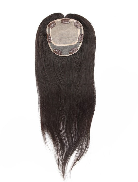 Stock European Noa # Color Natural Straight Double Drawn Human Hair Topper 16" with Silk Top 130% Density