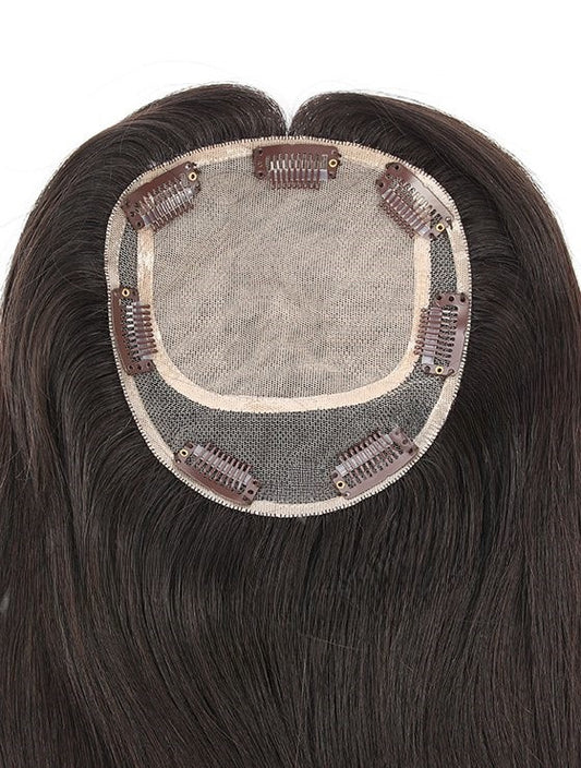 Stock European Noa # Color Natural Straight Double Drawn Human Hair Topper 16" with Silk Top 130% Density