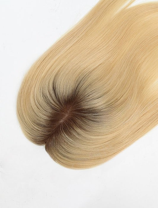 Stock European Noa # Color Natural Straight Double Drawn Human Hair Topper 16" with Silk Top 130% Density