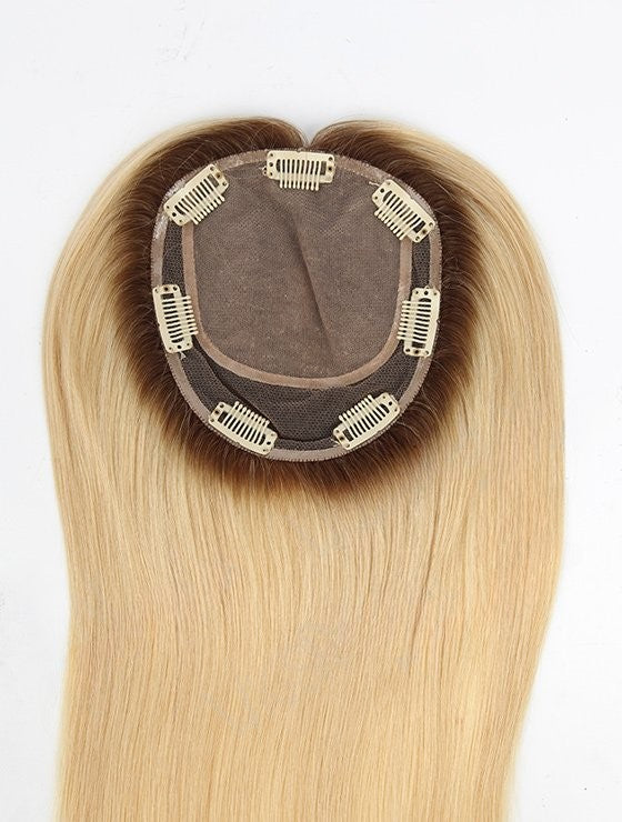 Stock European Noa # Color Natural Straight Double Drawn Human Hair Topper 16" with Silk Top 130% Density