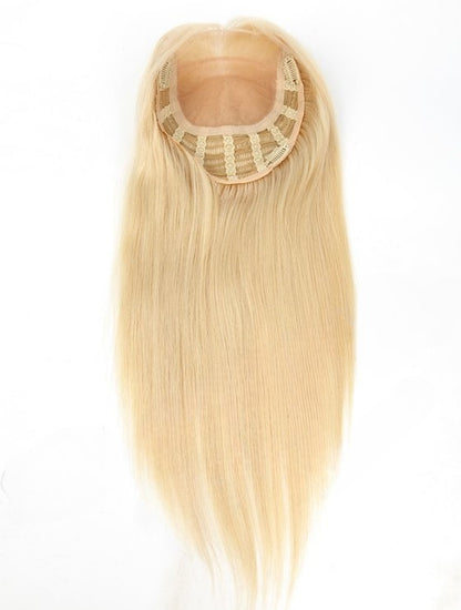 Stock PU Front European Lightest Blonde Straight Human Hair Silk Base Top Topper