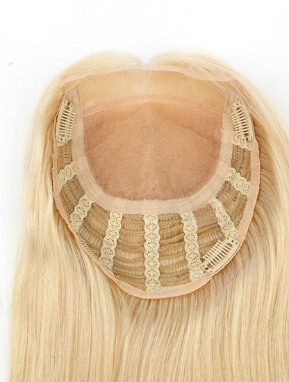 Stock PU Front European Lightest Blonde Straight Human Hair Silk Base Top Topper