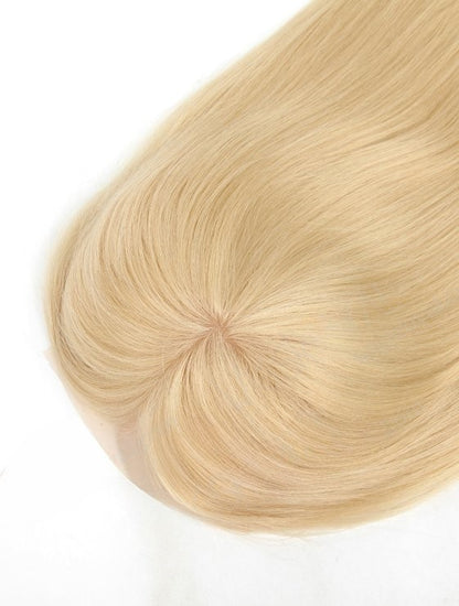 Stock PU Front European Lightest Blonde Straight Human Hair Silk Base Top Topper