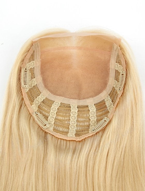 Stock PU Front European Blonde Straight Human Hair Silk Base Top Topper