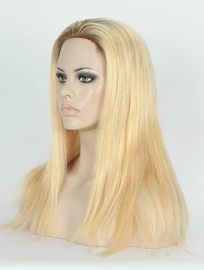 Stock Glueless European Rooted Blonde Ombre Straight Human Hair Silk Top Wigs