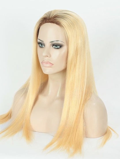 Stock Glueless European Rooted Blonde Ombre Straight Human Hair Silk Top Wigs