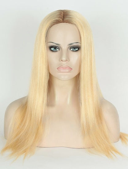 Stock Glueless European Rooted Blonde Ombre Straight Human Hair Silk Top Wigs