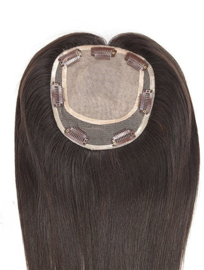 Stock European Noa # Color Natural Straight Double Drawn Human Hair Topper 16" with Silk Top 130% Density