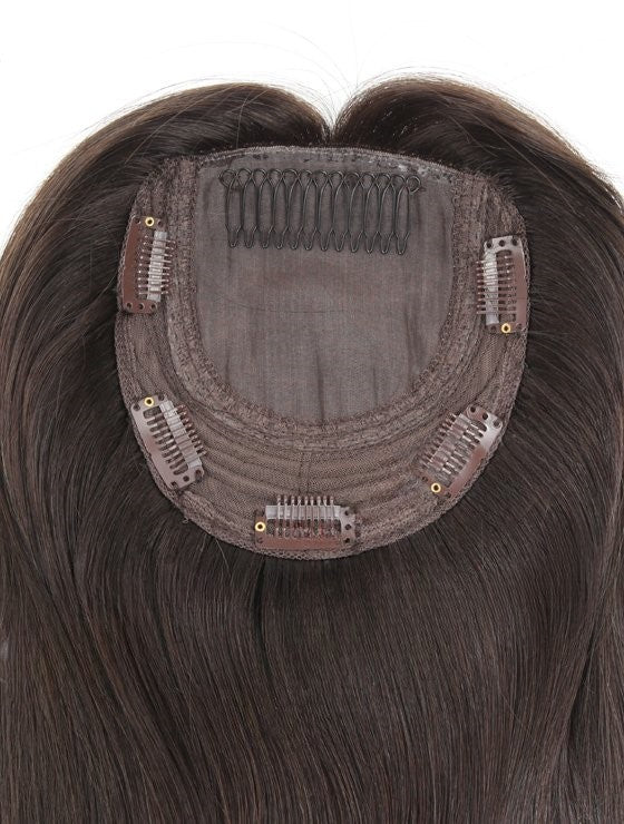 Stock European Dark Brown Straight Human Hair Wefted Silk Top Topper