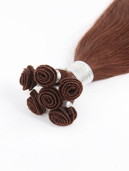 Stock Brazilian Dark Auburn Straight Hand-Tied Human Hair Wefts