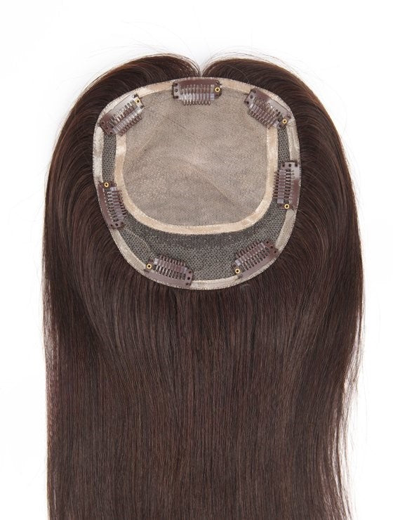 Stock Lace Base European Virgin Dark Brown Straight Human Hair Silk Base Topper