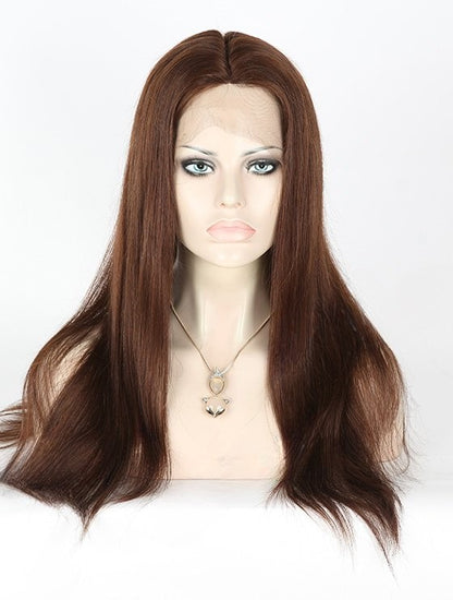 Stock Full Lace Chinese Dark Golden Brown Natural Straight Human Hair Silk Top Wig