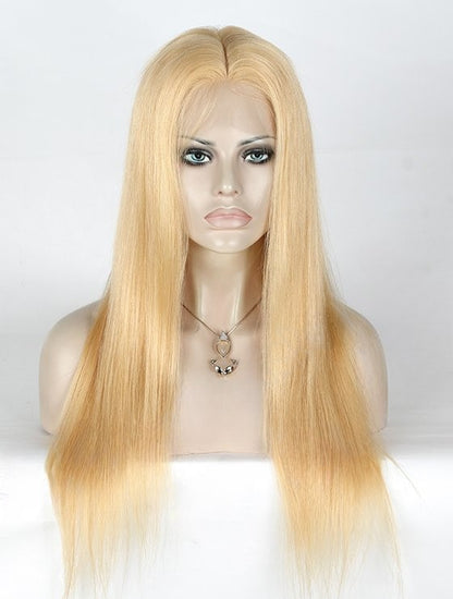 Stock Chinese Ash Blonde Straight Human Hair Silk Top Wig