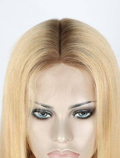 Stock Chinese Rooted Light Ash Blonde Ombre Straight Human Hair Silk Top Wig