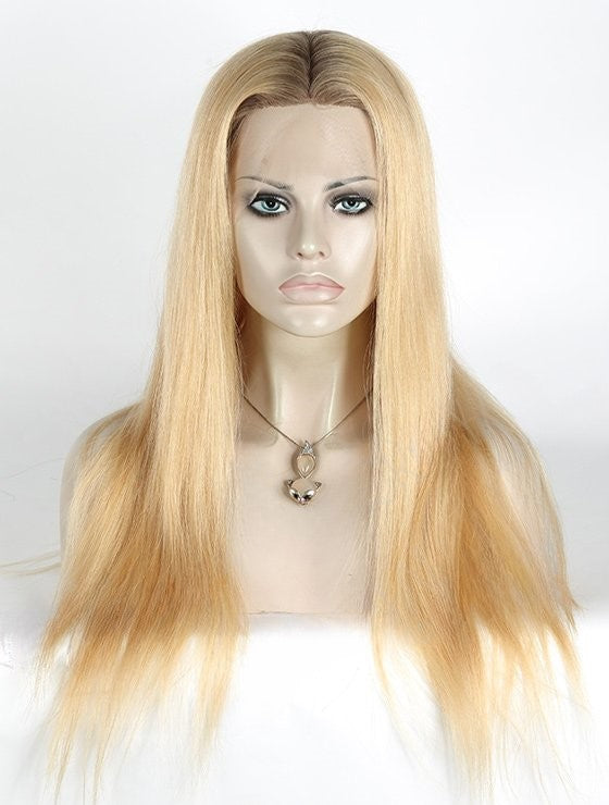 Stock Chinese Rooted Light Ash Blonde Ombre Straight Human Hair Silk Top Wig