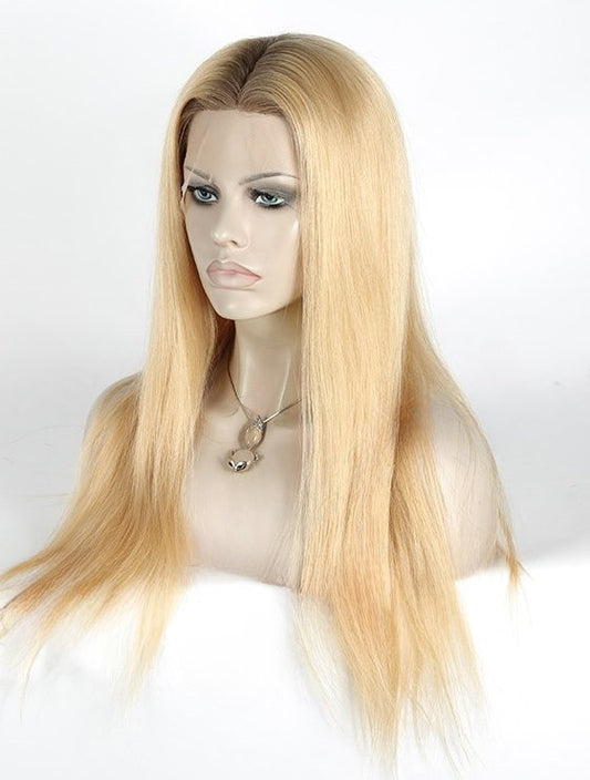 Stock Chinese Rooted Light Ash Blonde Ombre Straight Human Hair Silk Top Wig