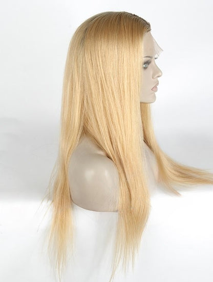 Stock Chinese Rooted Light Ash Blonde Ombre Straight Human Hair Silk Top Wig