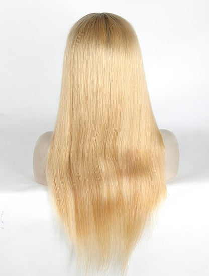 Stock Chinese Rooted Light Ash Blonde Ombre Straight Human Hair Silk Top Wig