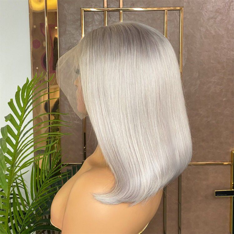 Lace Front Brazilian Grey Straight Bob Human Hair Wigs