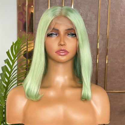 Lace Front Brazilian Lime Green Straight Bob Human Hair Wigs