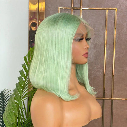 Lace Front Brazilian Lime Green Straight Bob Human Hair Wigs