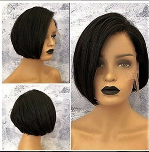 Stock Lace Front Brazilian Black Straight Pixie Angular Bob Human Hair Wig