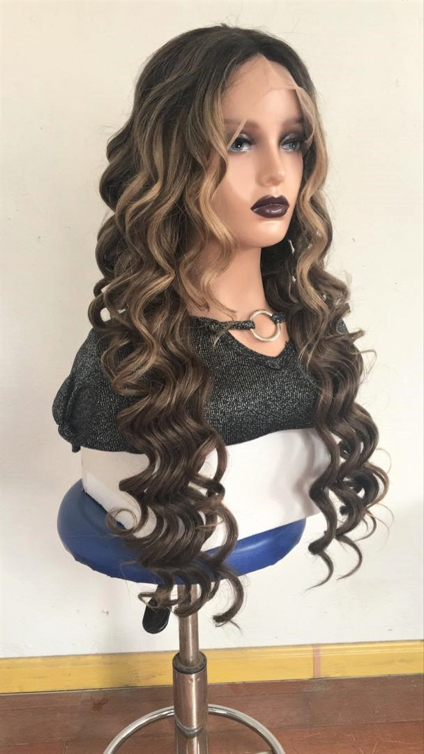 Custom Full Lace European Brown Balayage Deep Body Wave Human Hair Fake Scalp Wig