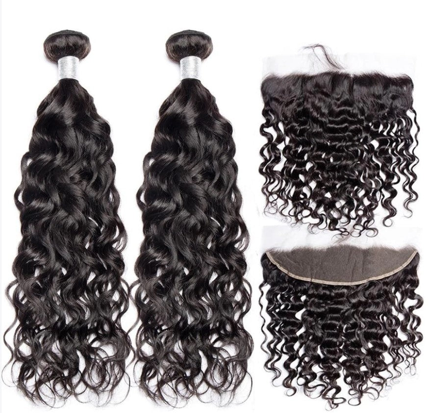 Stock Full HD Lace Natural Color Virgin Water Wave Human Hair Frontals 150% Density and Wefts 300 grams